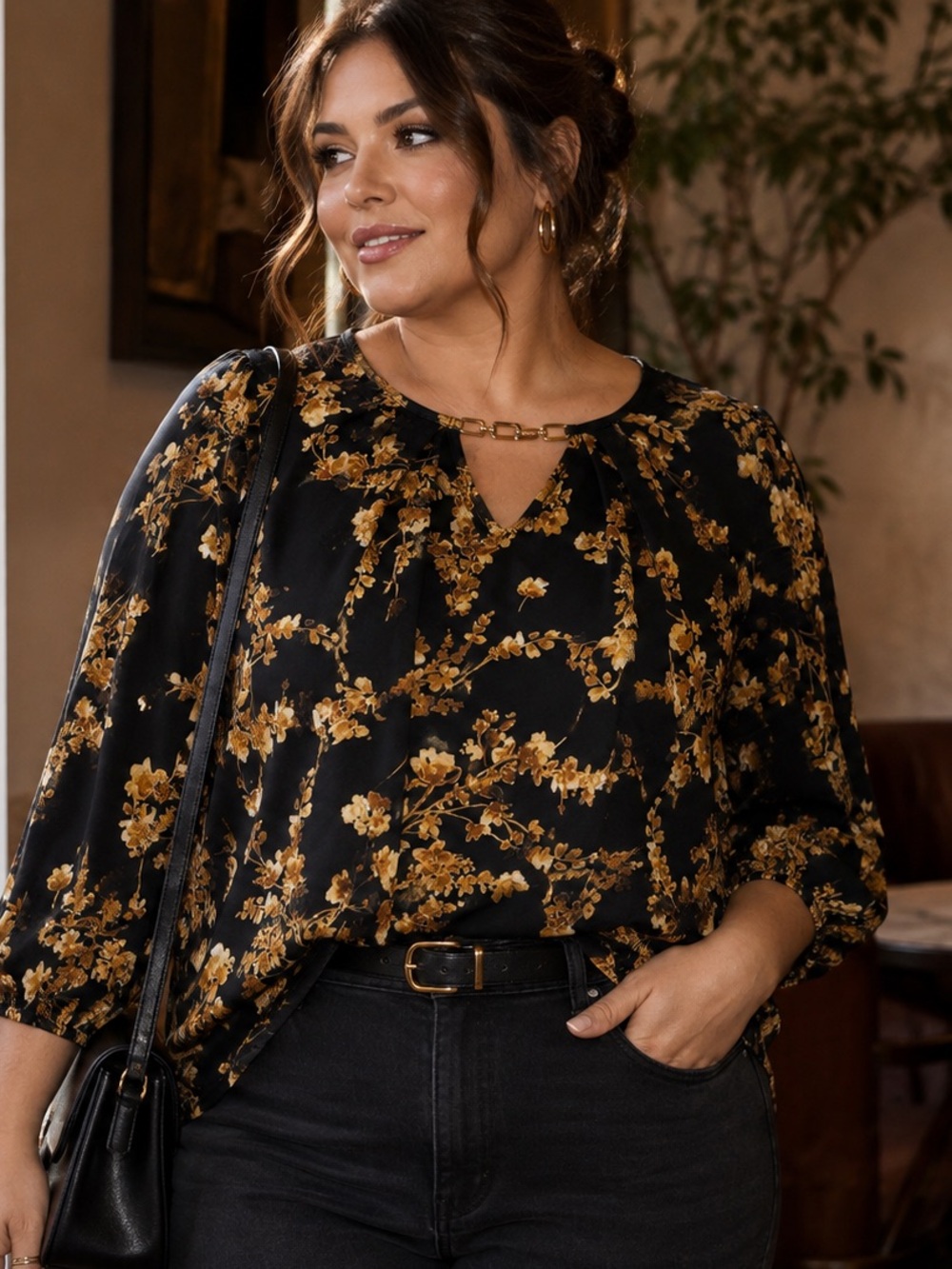 Joie de Vivre Black Gold Floral Keyhole Blouse Size 8